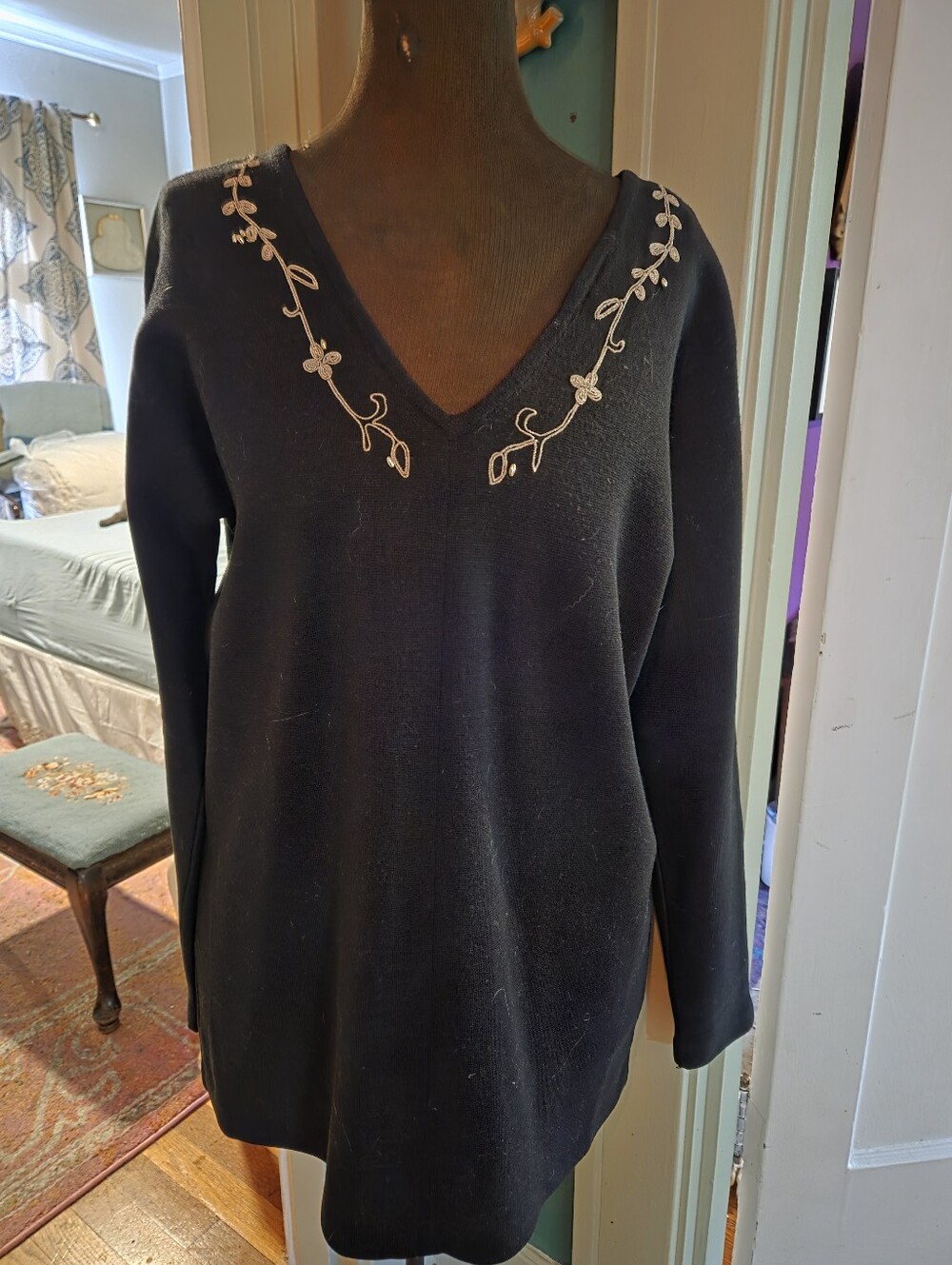 Vintage Nina Patrick Black Wool-blend  Sweater with Beads & Embroidery